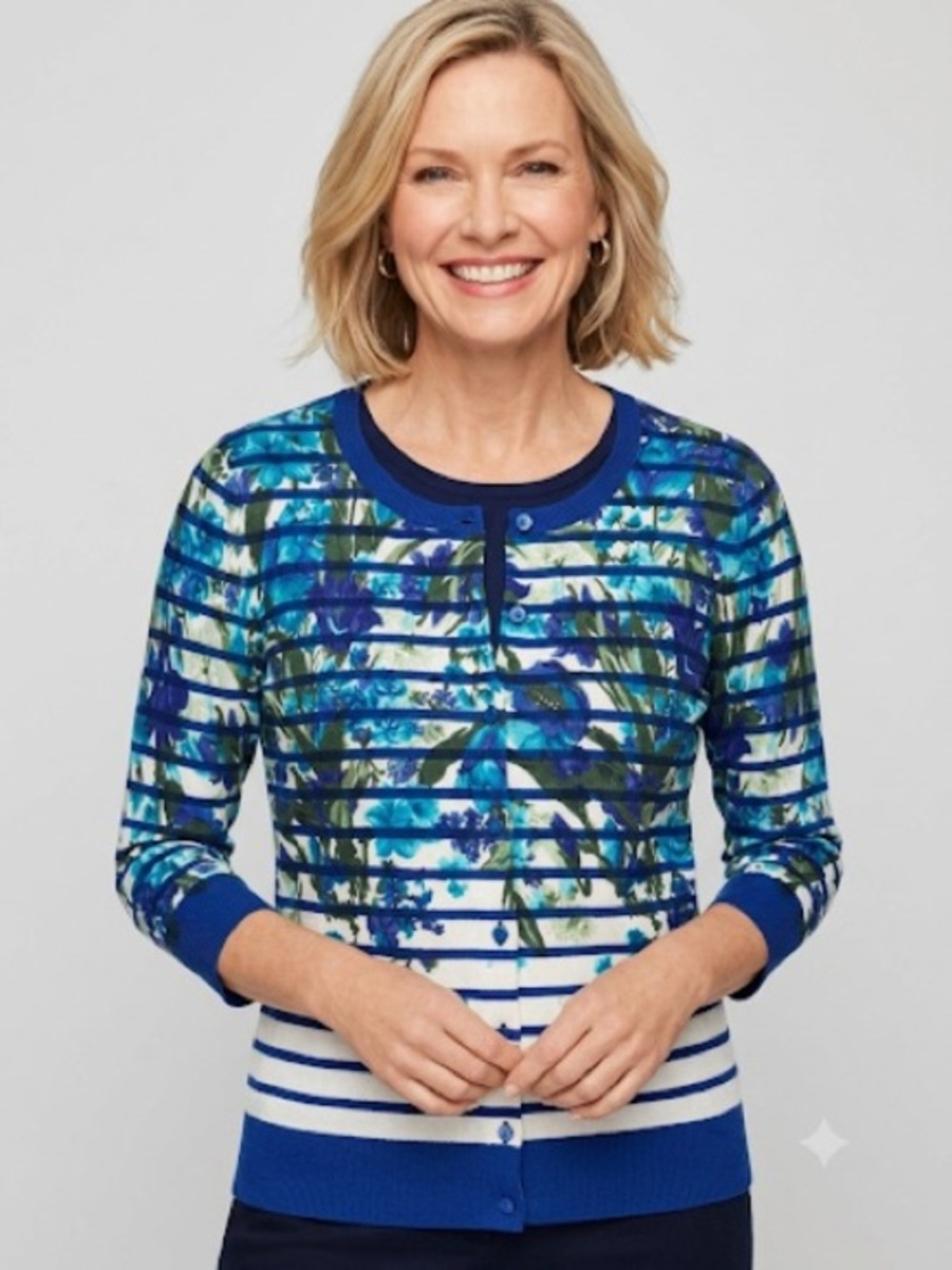 Talbots Petites Blue Floral Striped Cardigan Sweater Size Large Petite